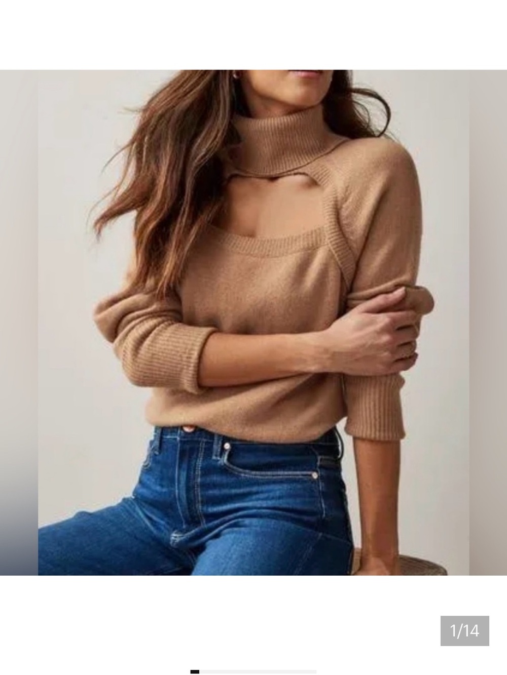 PAIGE Camel Cutout Turtleneck Sweater in Toffee Bronze Wool Blnd Classic Sexy Sm